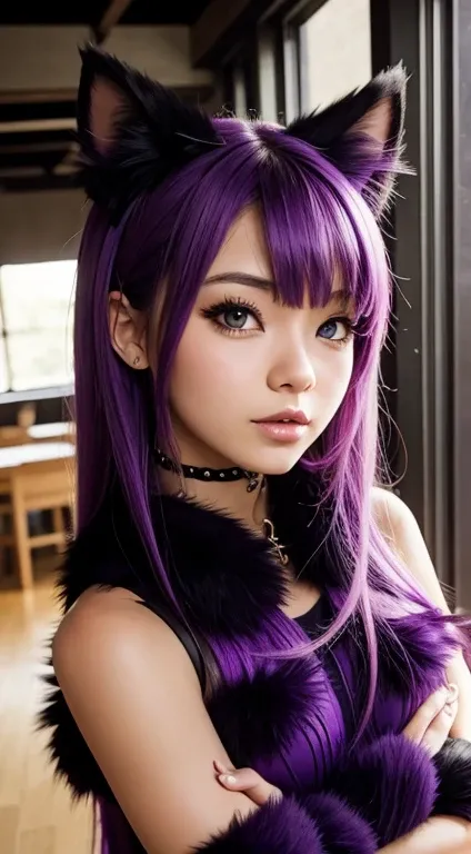 anthropomorph, catgirl, furry, yiffy, purple fur, purple hair, looking at camera, shy,  slutty, naughty, ready to fuck,  , exposed, small, tiny body, (adult)