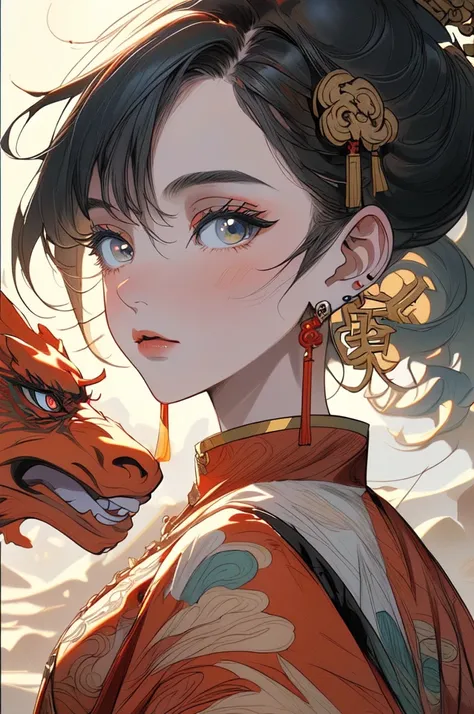 a girl with Eastern dragon, chinese clothes, Dunhuang style, jewelry, earrings, hair ornament, wide sleeves, PIXIV, midjourney portrait, panoramic view, Ultra high saturation, (best quality, masterpiece, Representative work, official art, Professional, 8k:...