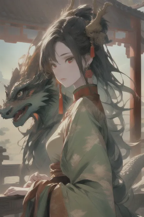 a girl with a Eastern dragon, chinese clothes, Dunhuang style, jewelry, earrings, hair ornament, wide sleeves, PIXIV, midjourney portrait, panoramic view, Ultra high saturation, (best quality, masterpiece, Representative work, official art, Professional, 8...