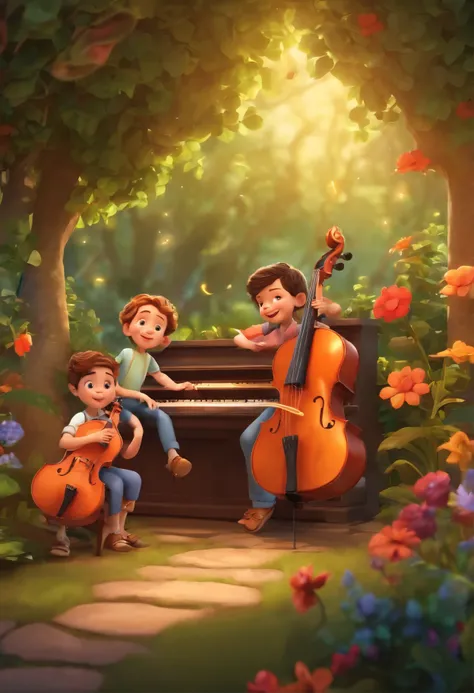 Children playing musical instruments,garden background, pixar style. --ar 16:9