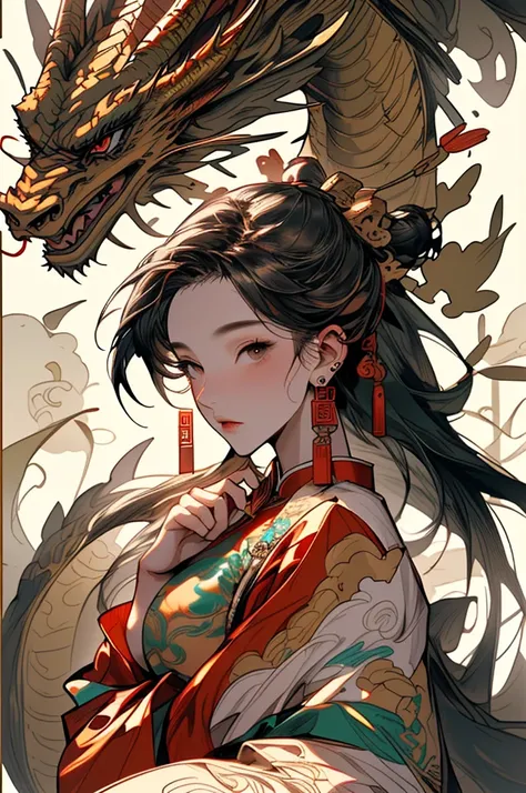 a chinese girl with a Eastern dragon, red clothes, Dunhuang style, jewelry, earrings, hair ornament, wide sleeves, PIXIV, midjourney portrait, panoramic view, Ultra high saturation, (best quality, masterpiece, Representative work, official art, Professiona...