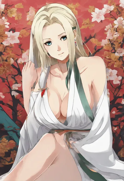 Realistic photo of a beautiful girl named Tsunade, a character from the Japanese anime "Naruto", in a sexy style wearing a thin white ninja dress that seduces both hands while holding her breasts, in a bedroom with Japanese ornaments, 8K, Ultra HD+, very r...