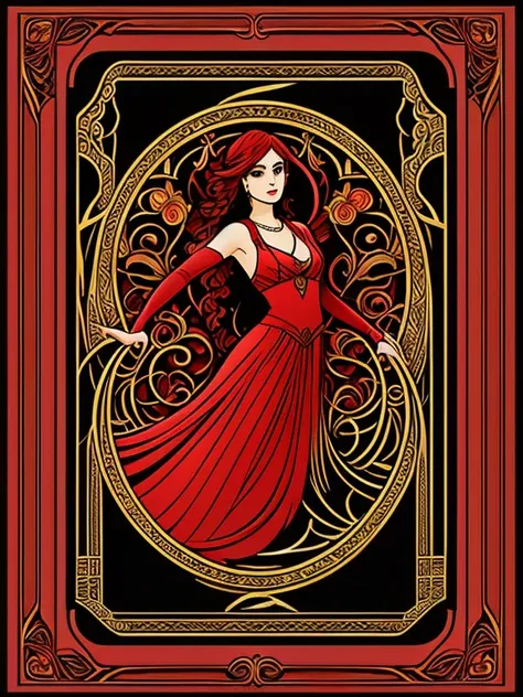 FRAME FOR CARD GAME WITH ARABESQUES STYLE ART NOUVEAU, RED COLOR