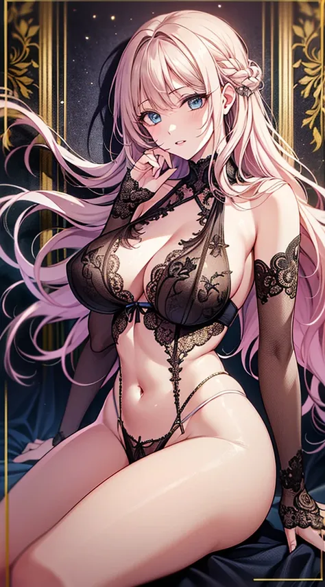 (masterpiece, best quality), intricate details, thin, ((slim)), beautiful girl, (Light pink hair), fair skin, blue eyes, sharp jaw, (long hair), plump lips, full body, plump breasts, long legs, 8k quality, extremely sharp