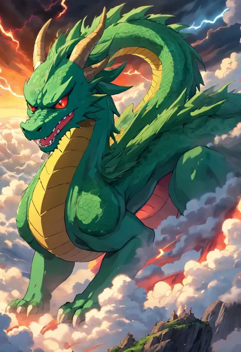 giant green dragon, red eyes, wrapped around the clouds, 3d, leaning in towards camera, cinematic dragon ball z style, thunder and lightning , sharp teeth, grey and black clouds , epic