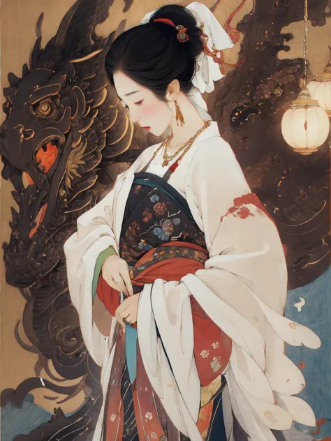 masterpiece, 1girl, nail_polish, jewelry, necklace, black_hair, closed_eyes, solo, dress,black_hair, ancient art, chinese, flowers, shin hanga style, woodblock print
