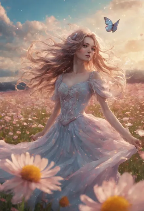 1girl, Digital illustration, Magical Girl in a Surreal Landscape, vibrant anime and fantasy art styles inspired by CLAMP and P.A. Works, the magical girl (hovers above a field of flowers, her flowing dress and long hair illuminated by a soft glow as sparkl...