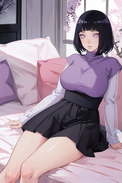 { - anatomy error} (Masterpiece - Ultra-detailed, very high resolution) (huge titusty, masterpiece, absurdres, hinata(boruto), 1girl, solo,mature female, lilac turtleneck blouse, high waist black short skirt, looking at viewelling petals), perfect composit...