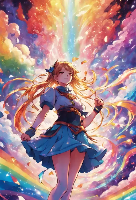 1girl, A magical girl standing victorious over a defeated fantastical enemy, surrounded by a rainbow of magical energies swirling around her in rich varied colors. Dynamic, brightly lit manga panel artwork.