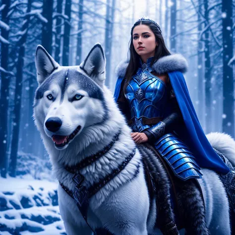 A woman in a blue outfit riding a black and white Siberian Husky in a snowy forest, riding a giant Siberian Husky , Huskies in shiny armor, wear intricate fur armor, queen of ice and storm, Blue and silver ice armor, wolf armor, Wearing fur armor, female p...