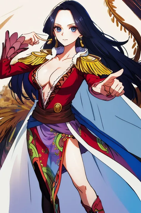 masterpiece, best quality, highres, hancock1, 1girl, boa hancock, large breasts, long hair, epaulettes, cape, side slit, cowboy shot, standing, pointing at viewer,