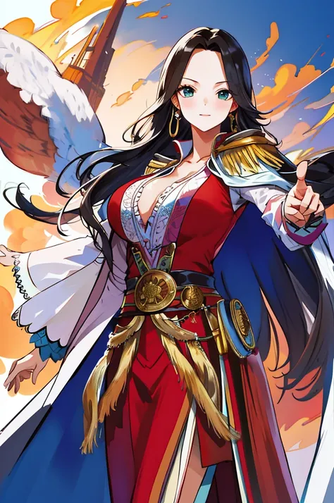 masterpiece, best quality, highres, hancock1, 1girl, boa hancock, large breasts, long hair, epaulettes, cape, side slit, cowboy shot, standing, pointing at viewer,