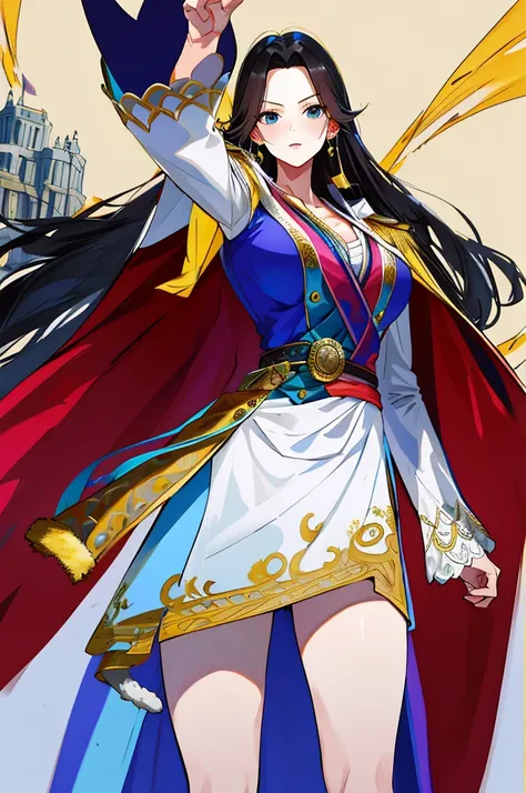 masterpiece, best quality, highres, hancock1, 1girl, boa hancock, large breasts, long hair, epaulettes, cape, side slit, cowboy shot, standing, pointing at viewer,