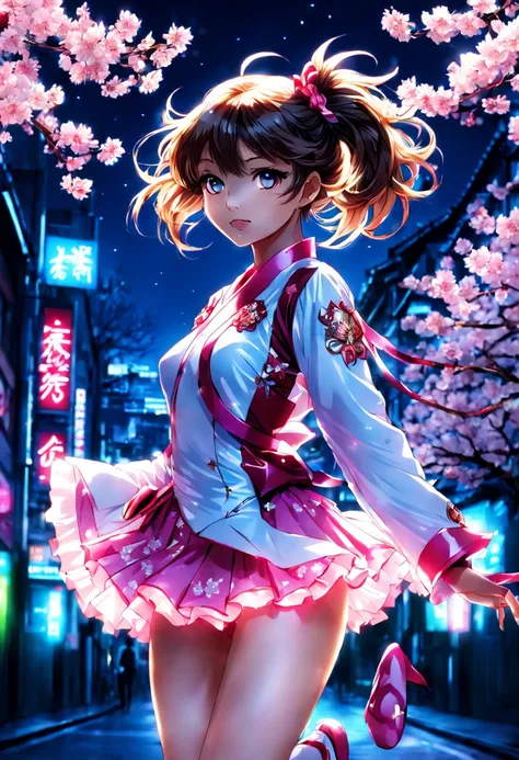 1girl, Magical girl in Tokyo at night, cherry blossoms, neon-lit streets, vibrant colors, dynamic pose, art by CLAMP, (Best quality:1.5, masterpiece:1.5).