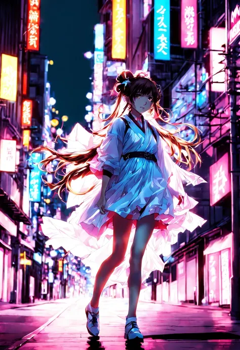 1girl, Magical girl in Tokyo at night, cherry blossoms, neon-lit streets, vibrant colors, dynamic pose, art by CLAMP, (Best quality:1.5, masterpiece:1.5).