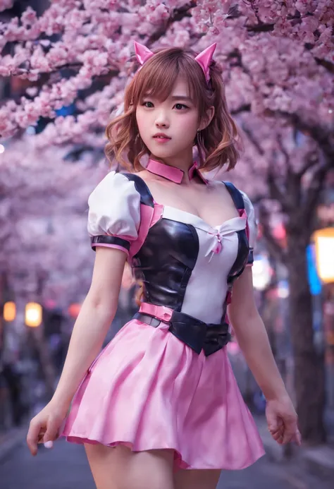 1girl, (best quality,4k,8k,highres,masterpiece:1.2),ultra-detailed,(realistic,photorealistic,photo-realistic:1.37),magical girl,vibrant colors,dynamic pose,Tokyo at night,cherry blossoms,neon-lit streets,CLAMP-style art.