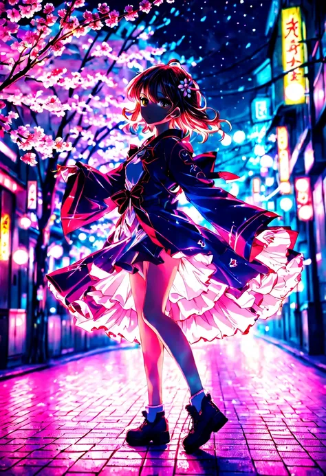 1girl, Magical girl in Tokyo at night, cherry blossoms, neon-lit streets, vibrant colors, dynamic pose, art by CLAMP, (best quality, masterpiece:1.5), HDR, UHD, studio lighting, ultra-fine painting, sharp focus, physically-based rendering, extreme detail d...