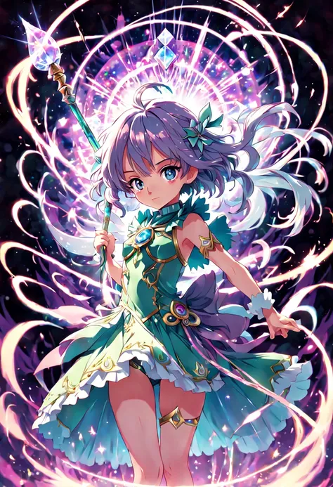 1girl, An enchanting Magical Girl with shimmering eyes and a radiant aura, dressed in an ornate, pastel-colored costume adorned with ribbons and sparkles, wielding a crystal staff, surrounded by swirling magical energy, in a dynamic pose, with a mystical a...