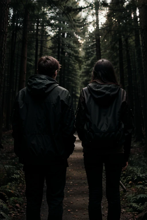 I want a very dark forest at night with a guy and a 16 year old girl who have their backs in the forest. Ca doit faire peur !!