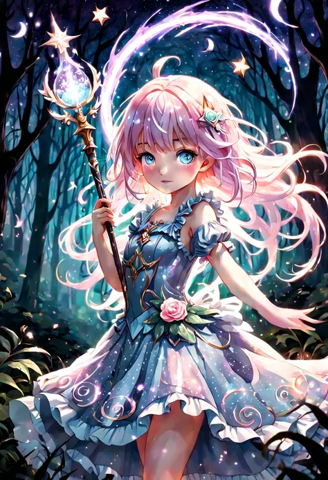 1girl, Amidst a moonlit forest, a young girl with flowing, pastel-colored hair stands surrounded by a swirl of sparkling stardust. Clad in a shimmering, frilly dress adorned with intricate magical symbols, she wields a staff that radiates a soft, ethereal ...