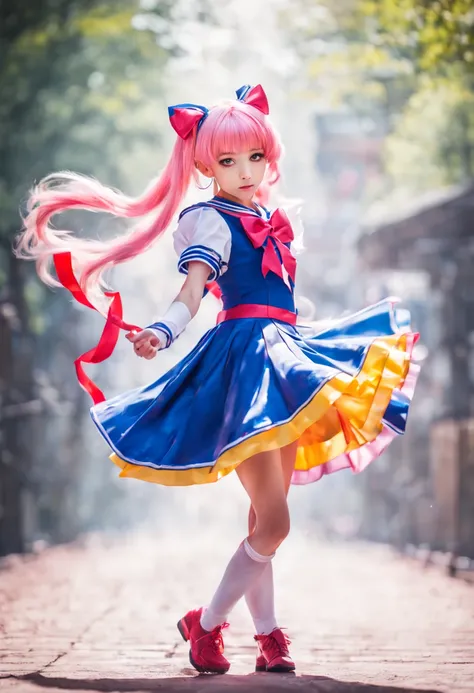 1girl, 📷 Capture the essence of a Magical Girl (Mahou Shoujo), medium: hyper-realistic photography, style: capturing the vibrant energy similar to that of Sailor Moon, lighting: high-key with a focus on bright, clean light to enhance her youthful energy, c...