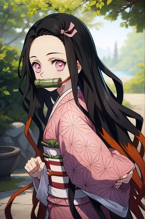 nezu furnace, nezuko kamado, bamboo, (bit gag:1.5), 1:1,chibi,black hair, (forehead:1.5), gag, gagged, hair ribbon, long hair, m...