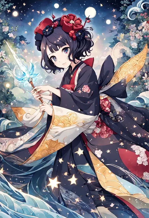 1girl, A young Magical Girl, gracefully casting a spell with her wand, surrounded by enchanting flora and fauna, radiating magical energy. The scene should evoke a sense of wonder and mystery. The style should emulate the intricate brushwork and delicate l...