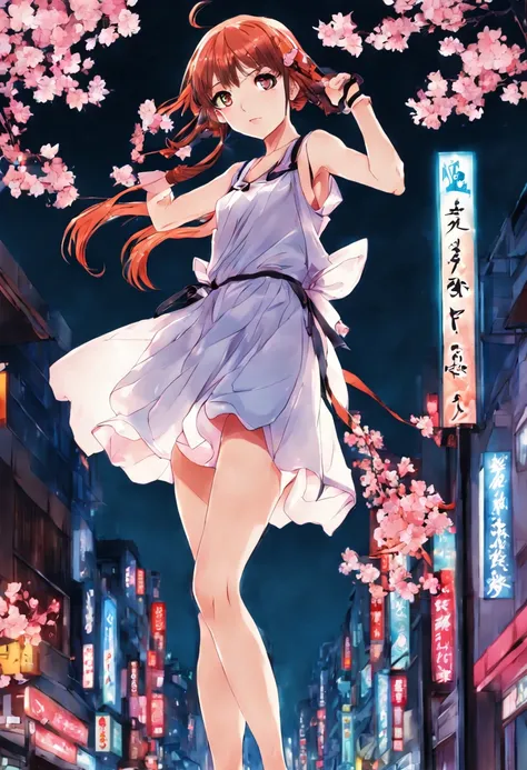 1girl, Magical girl in Tokyo at night, cherry blossoms, neon-lit streets, vibrant colors, dynamic pose, art by CLAMP, (Best quality:1.5, masterpiece:1.5).