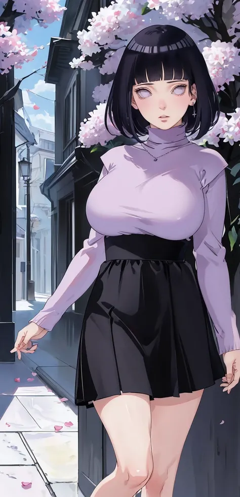 { - anatomy error} (Masterpiece - Ultra-detailed, very high resolution) (huge titusty, masterpiece, absurdres, hinata(boruto), 1girl, solo,mature female, lilac turtleneck blouse, high waist black short skirt, looking at viewelling petals), perfect composit...