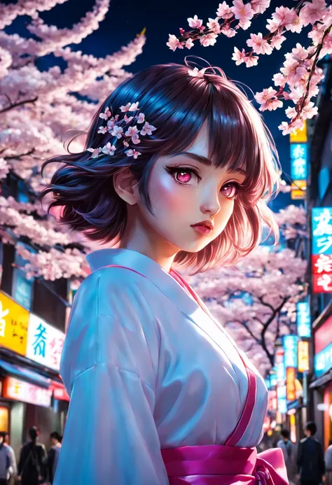 1girl, A magical girl in Tokyo at night, surrounded by cherry blossoms and neon-lit streets. The girl has beautiful, detailed eyes and lips, with long eyelashes. She is depicted in a dynamic pose, radiating energy and power. The artwork is created by the r...