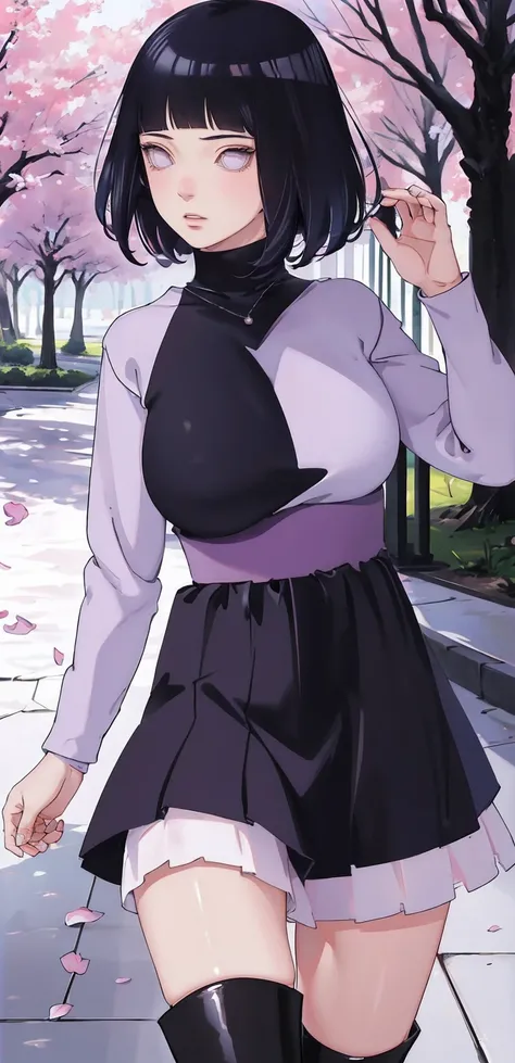 { - anatomy error} (Masterpiece - Ultra-detailed, very high resolution) (huge titusty, masterpiece, absurdres, hinata(boruto), 1girl, solo,mature female, lilac turtleneck blouse, high waist black medium skirt, looking at viewelling petals), perfect composi...