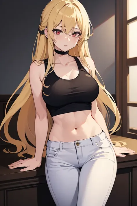 (best quality,masterpiece:1.4) Jujutsu Kaisen, Yuki Tsukumo, blonde, super long hair, hair not tied, female, busty, black tank top, white jeans, red and black eyes,drooping eyes,