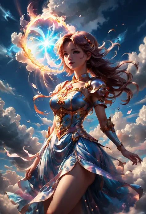 Magical Girl, using magic, gorgeous dress, powerful light, cloud sky, (best quality, masterpiece, Representative work, official art, Professional, 8k)