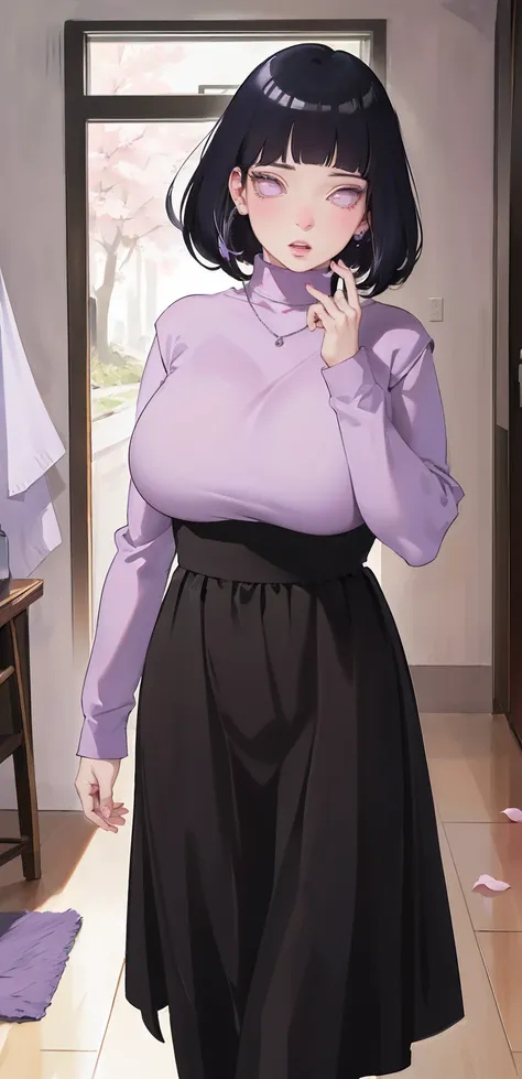 { - anatomy error} (Masterpiece - Ultra-detailed, very high resolution) (huge titusty, masterpiece, absurdres, hinata(boruto), 1girl, solo,mature female, lilac turtleneck blouse, high waist black long skirt, looking at viewelling petals), perfect compositi...