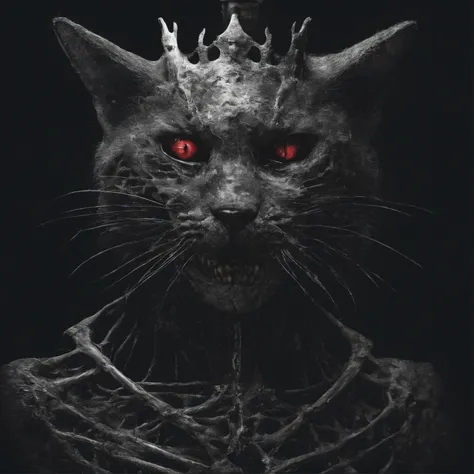 cat, cat skeleton, Heart, tears flesh apart, grinning, face covered in blood, crown on head, 