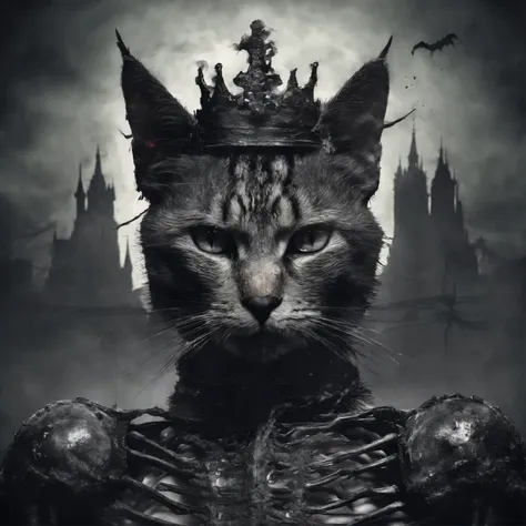 cat, cat skeleton, Heart, tears flesh apart, grinning, face covered in blood, crown on head, реалестичность