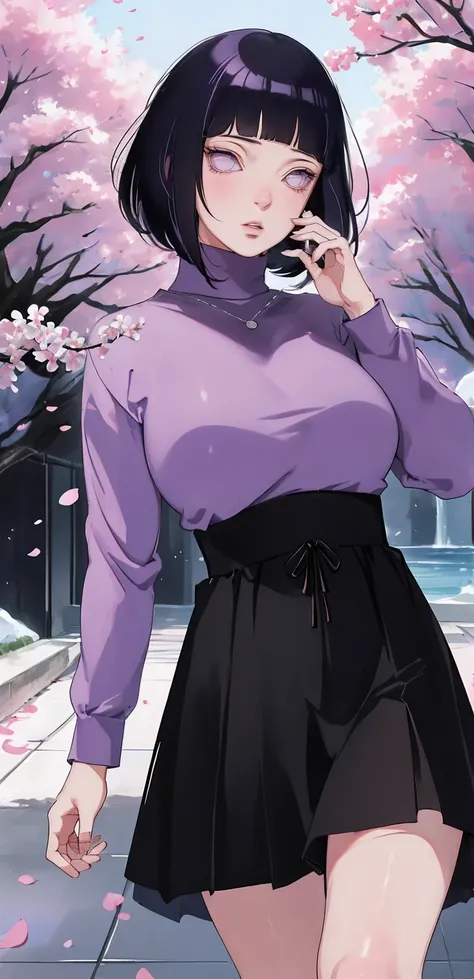 { - anatomy error} (Masterpiece - Ultra-detailed, very high resolution) (huge titusty, masterpiece, absurdres, hinata(boruto), 1girl, solo,mature female, lilac turtleneck blouse, high waist black long skirt, looking at viewelling petals), perfect compositi...