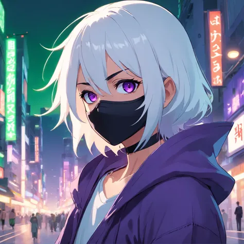 Ninja boy in white hood and black mask with white hair and purple eyes, fundo verde, quadrado, 9 poses, 9 fases, 9 expressions, 9 emotions, 9 quadros