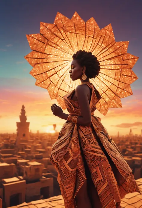 ancient Afrika city in sunset, origami clothes, poeple, zentangle sunny sky, sunset, 3d crunch, cinematic, (magical energy:1.1), (magical sparks:1.1), (glamorous transformation sequence:1.1)