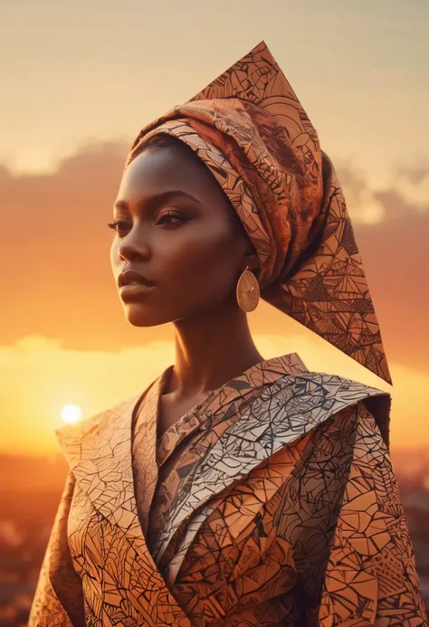 ancient Afrika city in sunset, origami clothes, poeple, zentangle sunny sky, sunset, 3d crunch, cinematic, (magical energy:1.1), (magical sparks:1.1), (glamorous transformation sequence:1.1)