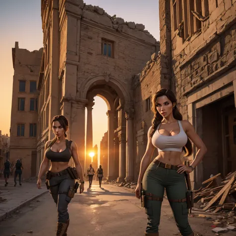 (a beautiful detailed illustration of) a sexy busty Malaysian Lara Croft wearing a hijab and a sexy explorer outfit, investigating an ancient Gold City at sunset, with a panoramic view of the city in the background. The city is adorned with intricate gold ...