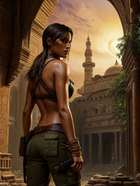 (a beautiful detailed illustration of) a sexy busty Malaysian Lara Croft wearing a hijab and a sexy explorer outfit, investigating an ancient Gold City at sunset, with a panoramic view of the city in the background. The city is adorned with intricate gold ...