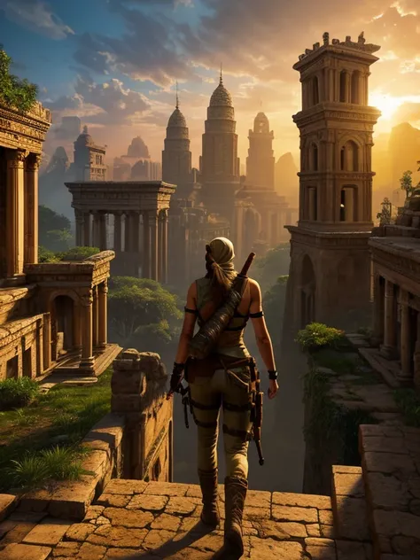 (a beautiful detailed illustration of) a sexy busty Malaysian Lara Croft wearing a hijab and a sexy explorer outfit, investigating an ancient Gold City at sunset, with a panoramic view of the city in the background. The city is adorned with intricate gold ...