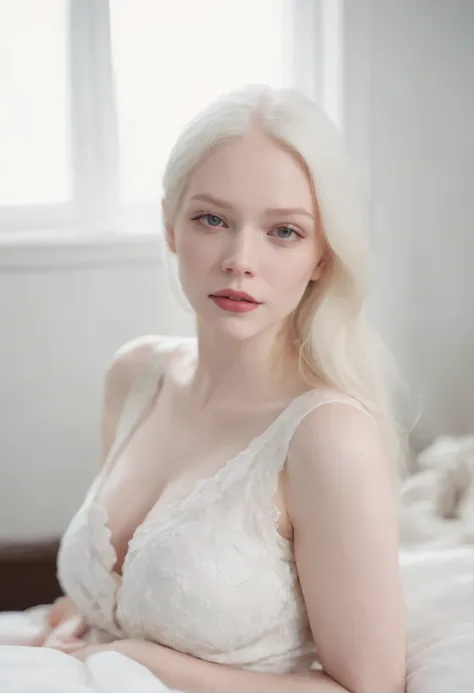 foto do instagram, Close-up headshot of the most beautiful albino woman you know, Novo, Fission, very pale skin, (sorrir:0.4), Sombras duras, melhor qualidade, work-πrhyme, ultra high resolution, (fotorealistisch:1.4), Foto RAW, 1Meninas, ((Novo)), ((peito...