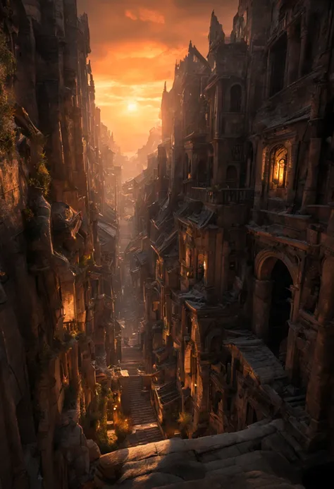 time freezes when the sun goes down，the buildings and streets in the ancient city are illuminated by the setting sun，it&#39;s li...