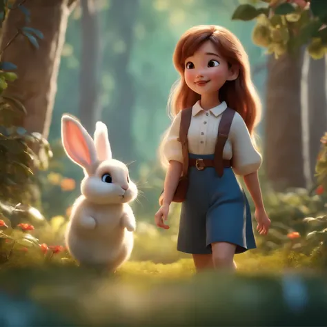 movie image quality,korean kpop actress lisa from blackpink with a cute rabbit, Disney animation, Disney animation style, Disney movie animation, 3D movies, Chinese style, explorer rabbit, walking through the colorful forest, with her rabbit fried, HD, chi...