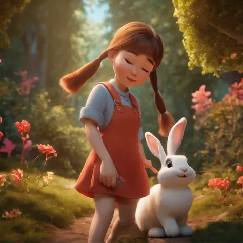 movie image quality, kpop actress lisa from blackpink with a rabbit, Disney animation, Disney animation style, Disney movie animation, 3D movies, Chinese style, explorer rabbit, walking through the colorful forest, with her rabbit fried, HD, childrens pain...