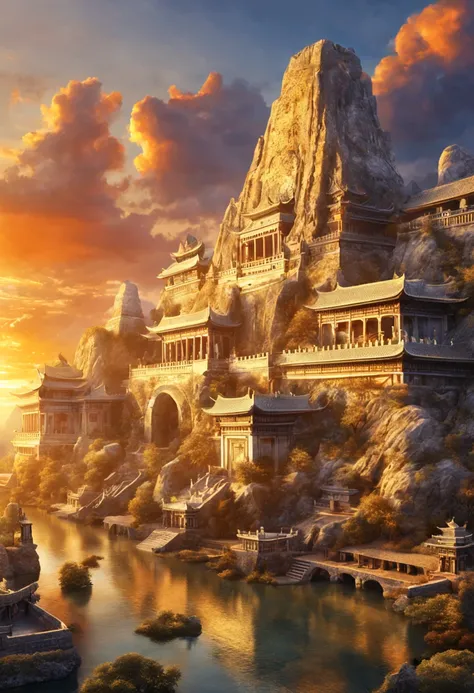    Subtle beauty: the ancient city under the sunset reveals architectural details，Close-up of ancient city sculpture artwork，Highly detailed digital art that gives you a deeper appreciation for the beauty of the ancient city， Fantasy art master&#39;s works...