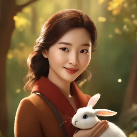 movie image quality,korean actress park shi hye with a cute rabbit, Disney animation, Disney animation style, Disney movie animation, 3D movies, Chinese style, explorer rabbit, walking through the colorful forest, with her rabbit fried, HD, childrens paint...