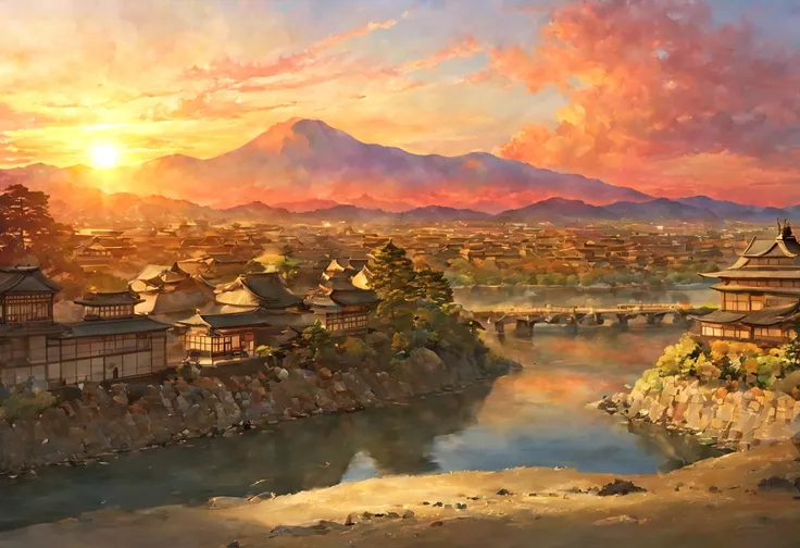 masterpiece, sunset, ancient japan city
